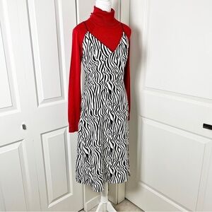 Classic Zebra Animal Print Camisole Midi Mod Dress + Free Red Turtleneck – Small